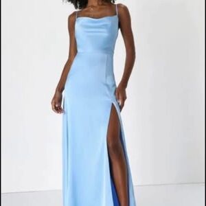 Lulu's Blue Slit Gown with Cowl Neck